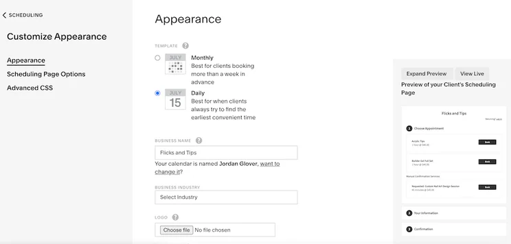 Acuity Scheduling &ldquo;Appearance&rdquo; page showing different customization options and a preview box on the right-hand side.