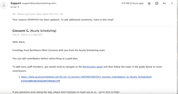 Email Response from Acuity Support, showing email with answer from Giovanni G.