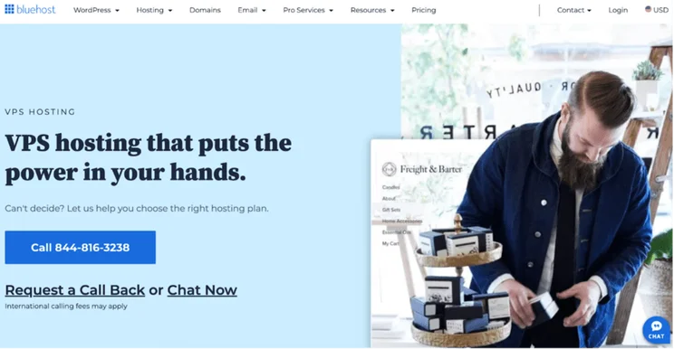 A man examines a product inside a shop with VPS hosting advertisement by Bluehost in the foreground.