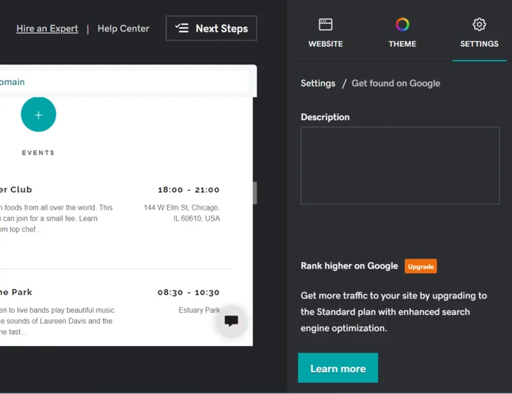 A screenshot from GoDaddy showing its SEO setting in the editor