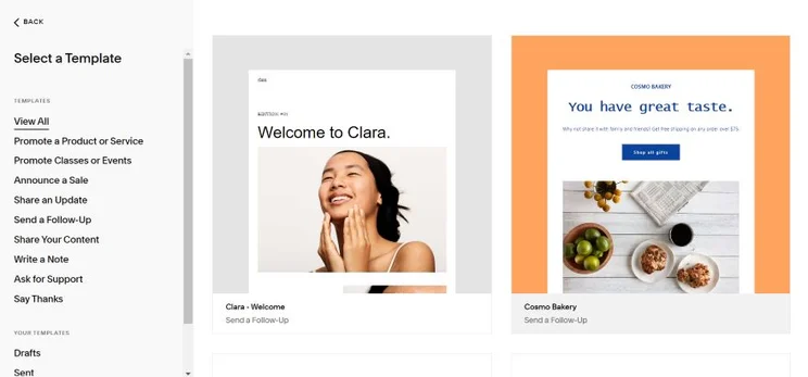 Screenshot of Squarespace's Email template page