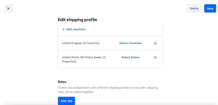A weebly page showing shipping profiles with the title &ldquo;Edit shipping profile&rdquo;.