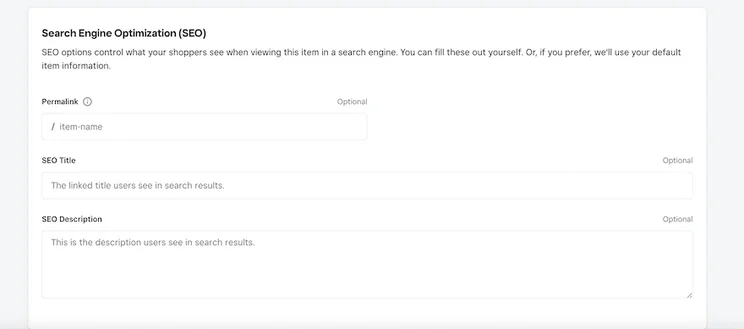 Weebly product SEO page, with empty fields for users to populate with SEO information about their items.