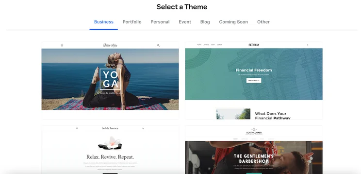 Weebly&rsquo;s theme page, showing four available themes for business websites.