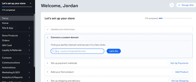 The Wix dashboard showing a dark gray menu on the far left and a setup checklist on the bulk of the page.
