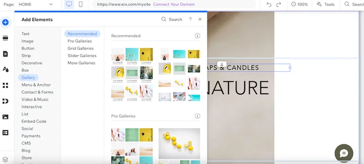 The Wix editor with the left-hand menu open on the &ldquo;Elements&rdquo; tab, showing the available elements you can add to your site.