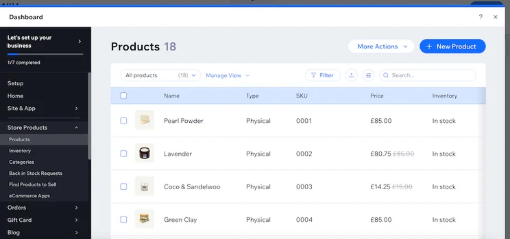 The Wix &ldquo;Products page&rdquo;, showing four products in a list followed by the type of product, the SKU, the price, and the inventory status.