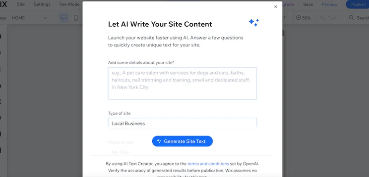 Wix AI writer popup open with blank fields for users to fill in so Wix can generate text for the website.