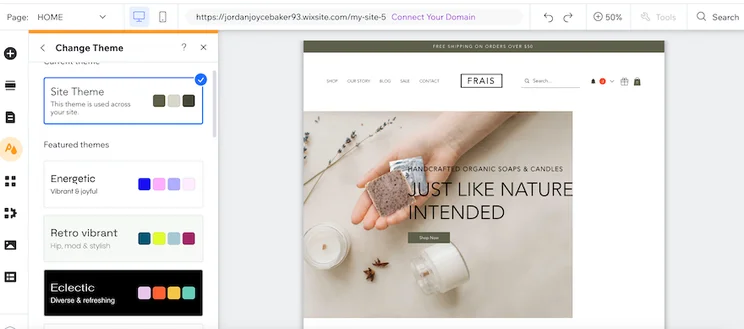 The Wix editor with the menu open on the &lsquo;Change Theme&rsquo; tab on the left-hand side.