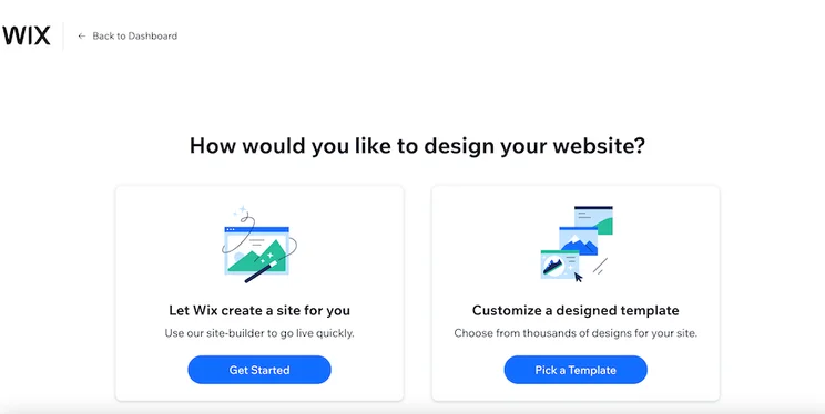 The Wix &ldquo;How would you like to design your website?&rdquo; page, showing two options, with one button for AI creation, the other for customizing a template.