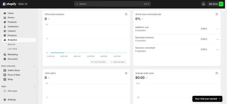 Example of Shopify analytics in the store's dashboard
