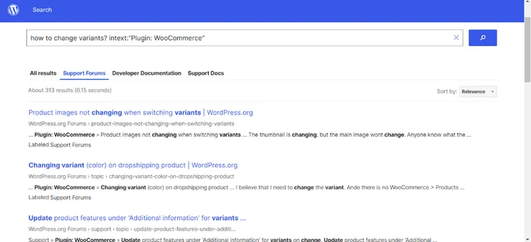 WooCommerce help center for search term "how to change variants"