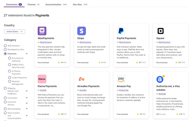 Page of results on WooCommerce Extensions showing a range of payment gateways with filter set to USA