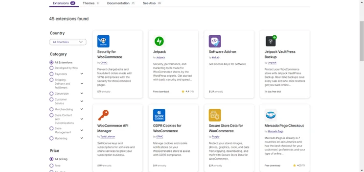 WooCommerce Extensions page showing a list of security plugins