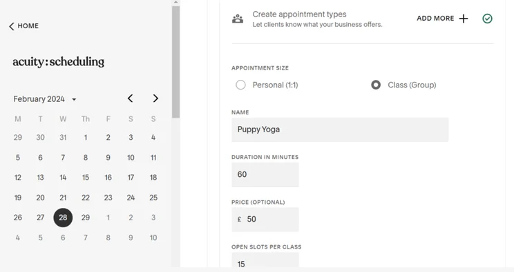 Squarespace Acuity Scheduling homepage showing form to add new appointment type