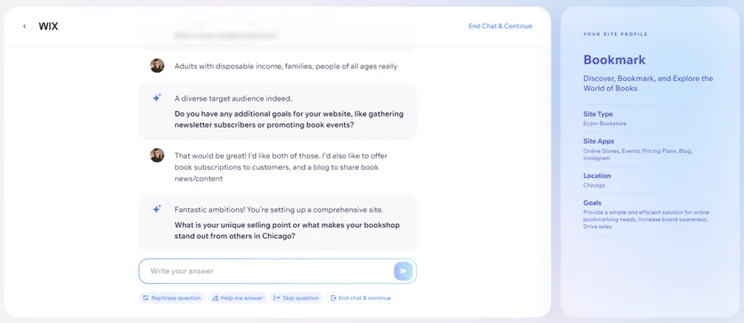 Wix AI chatbot asking questions to create custom website