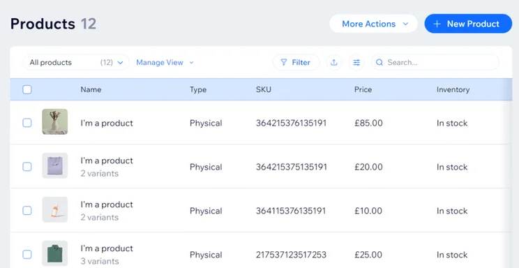 Wix product backend dashboard