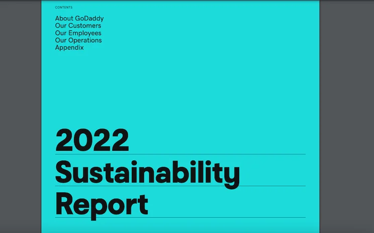 The 2022 GoDaddy Sustainability Report, with the title in black letters on a light blue background.
