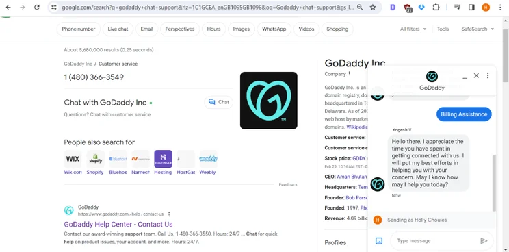 A Google search result page in the background, showing a GoDaddy live chat popup in the bottom right corner providing support