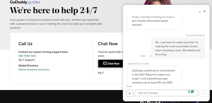 GoDaddy &ldquo;Contact&rdquo; page with an ongoing live chat in the right-hand corner.