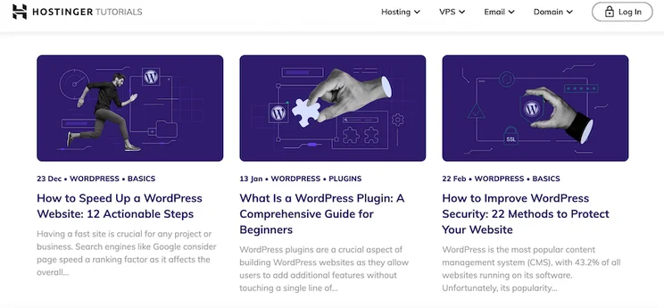Hostinger&rsquo;s Tutorials page showing three example tutorials in a tiled format.