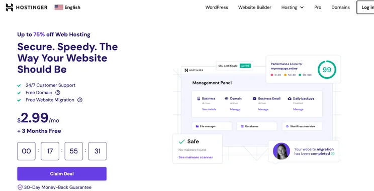 Hostinger web hosting promotional banner offering up to 75% off with features like 24/7 customer support, free domain, website migration, and a special price of $2.99 per month with 3 months free.