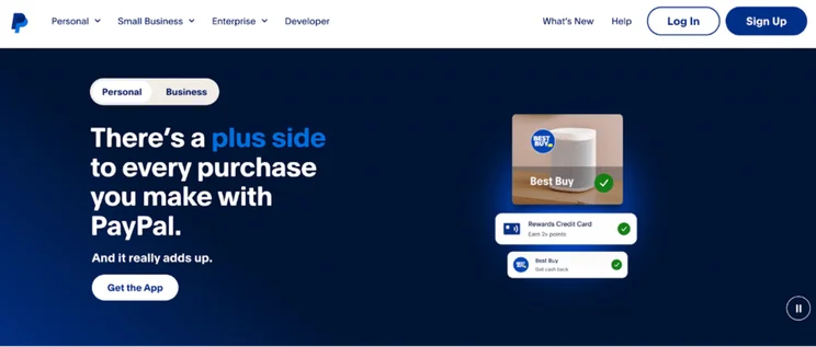 Webpage header from PayPal promoting benefits of using their service with a slogan, option to download the app, and an illustration of a rewards credit card from Best Buy.