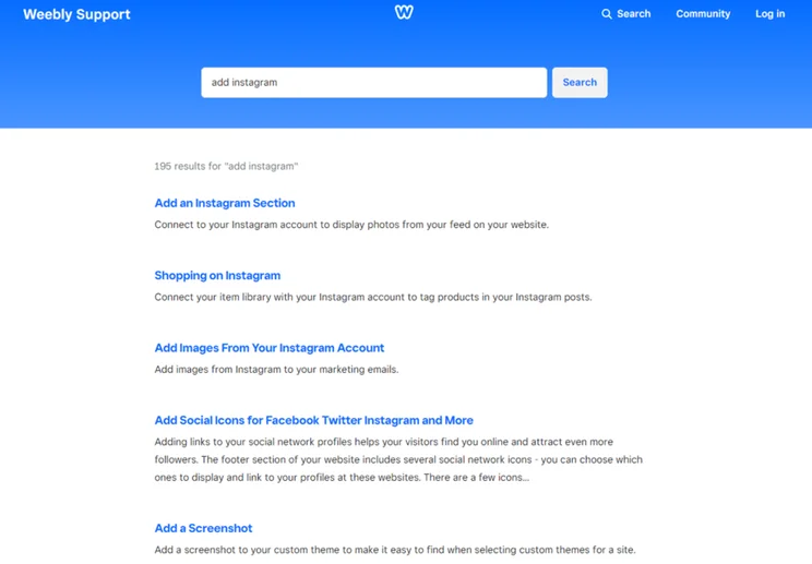 Weebly Support search results page showing various help topics related to adding Instagram features to a user's website, like sections and shopping integration.