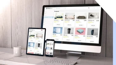 Laptop, tablet, and mobile phone showing a product page