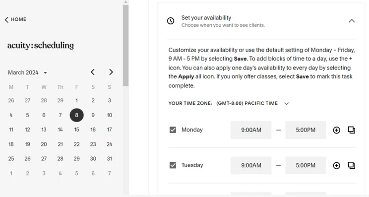 Squarespace Acuity scheduling dashboard