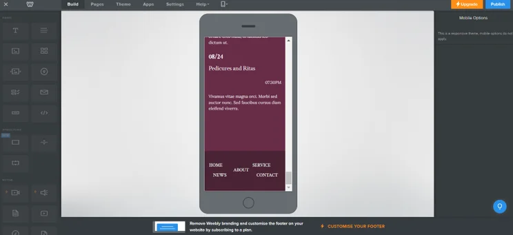 Screenshot of Weebly's mobile view and a poorly formatted footer.