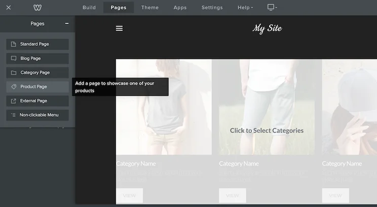 The Weebly editor with the &ldquo;Pages&rdquo; tab open on the left, with the &ldquo;Product Page&rdquo; option highlighted.