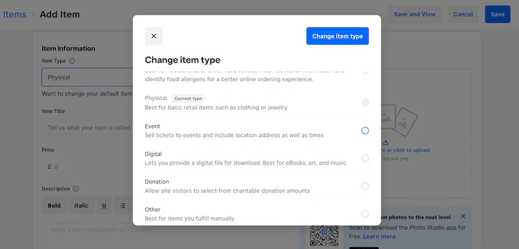 Weebly &ldquo;Add Item&rdquo; page with a white popup showing the different item types users can sell.