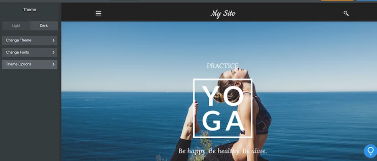 Weebly editor with &ldquo;Theme&rdquo; menu open on the left-hand side, showing a &ldquo;Dark&rdquo; and &ldquo;Light&rdquo; option.