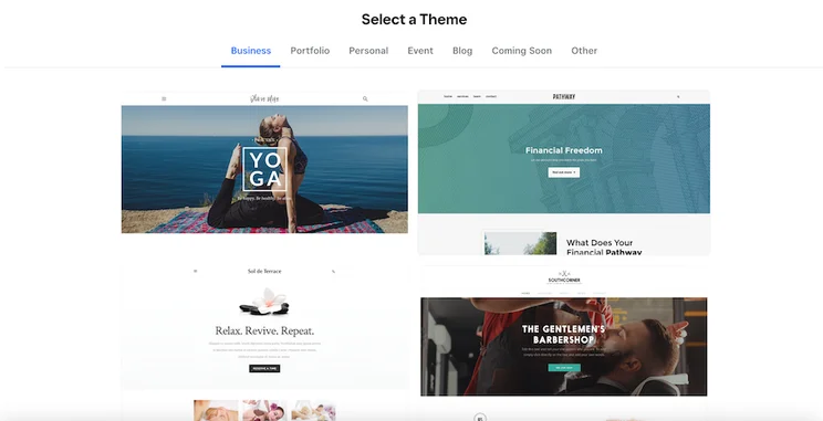 Weebly&rsquo;s Theme page showing four example themes.
