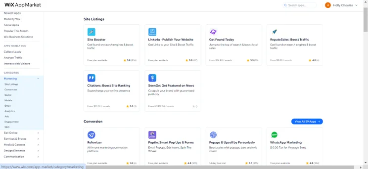 Screenshot of Wix's app market and its marketing apps.
