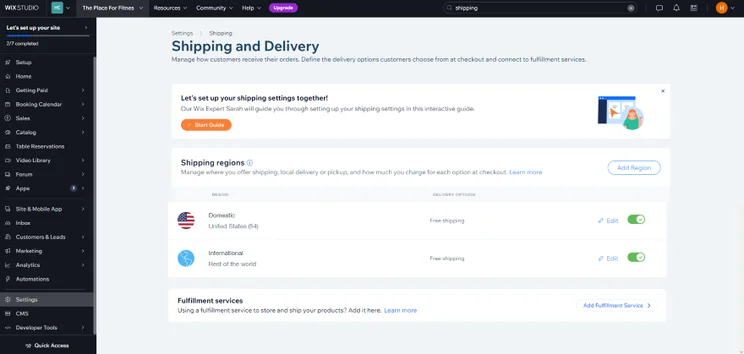 Screenshot of Wix's Shipping and Delivery section of the dashboard.