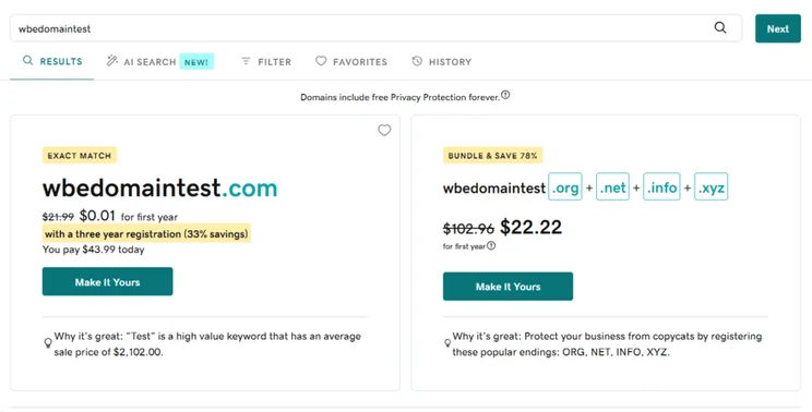 Screen showing discounted domain registration deals with price comparison and savings highlighted on GoDaddy