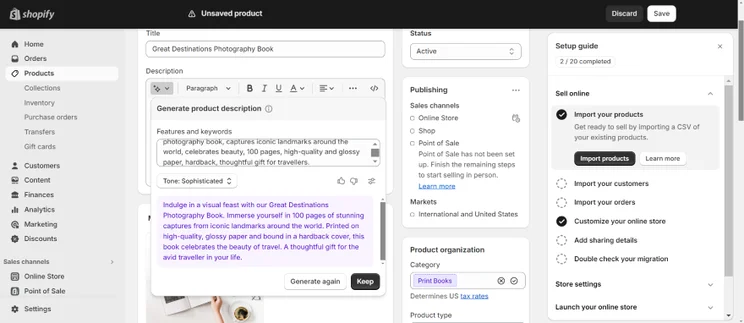 Screenshot of Shopify's Magic AI tool generating a product description.