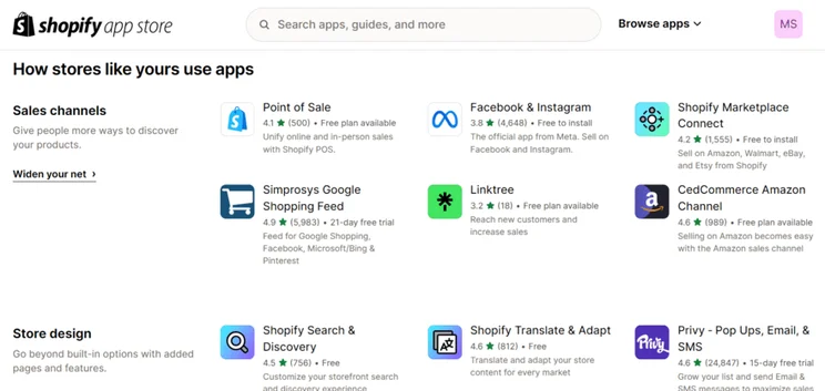 Shopify app market showing apps for sales channels and store design