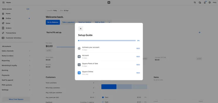 Screenshot of Square Online's setup guide featuring key steps.