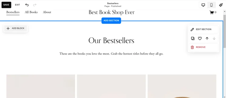 Screenshot of Squarespace's editor showcasing it's sections