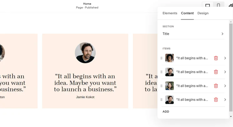 Squarespace testimonials element in the editor