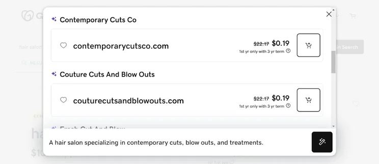Screenshot of domain name suggestions and prices from GoDaddy's AI domain generator tool.