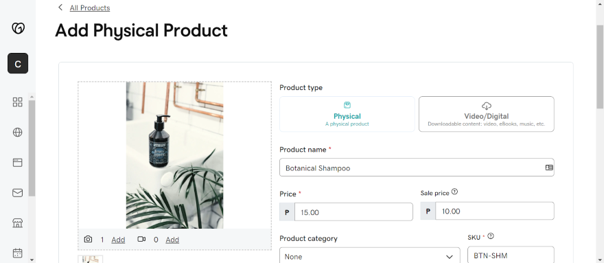 Screenshot of GoDaddy's "Add Physical Product" page.