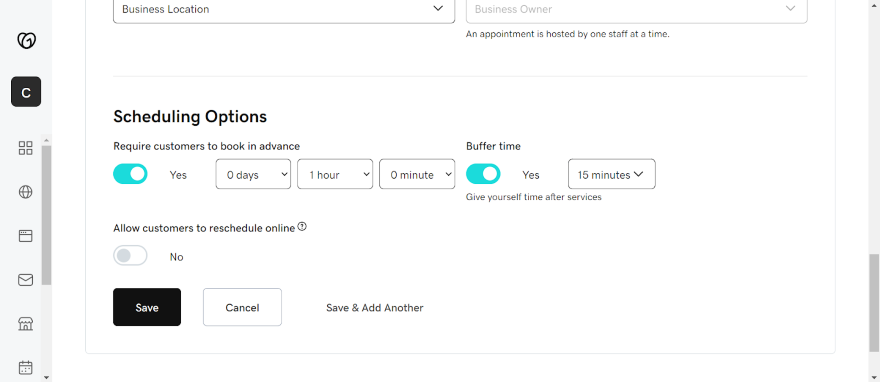 Screenshot of advanced scheduling options from GoDaddy's appointment dashboard, with advanced bookings and buffer time.