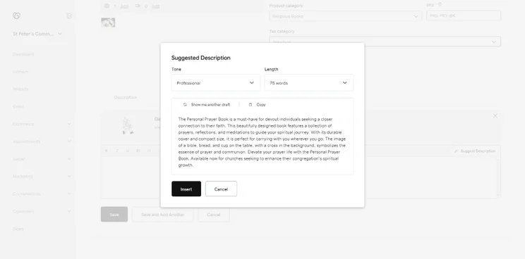Screenshot showing a website dashboard interface with a suggested description dialog box open, illustrating a professional content management system.