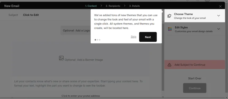 Screenshot of a tutorial screen on GoDaddy's email marketing tool.
