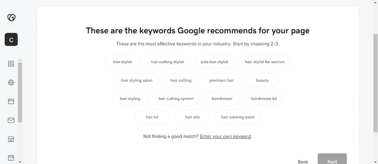 Screenshot of Google generated SEO keywords for a GoDaddy hairdressing website.