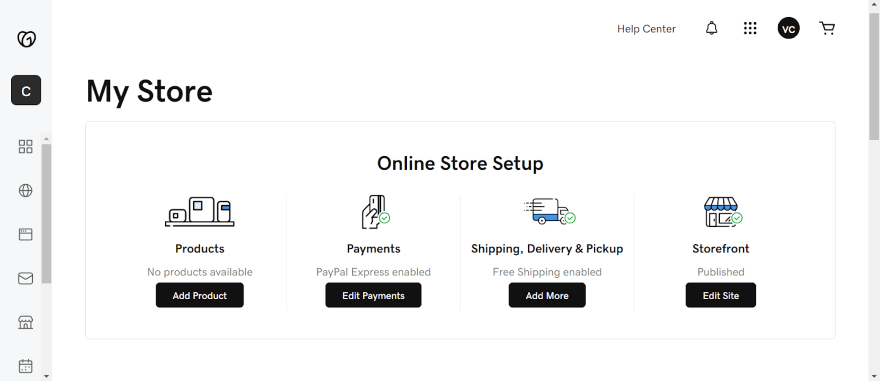 Screenshot of GoDaddy's dashboard for online stores with products, payments, shipping, and storefront options.